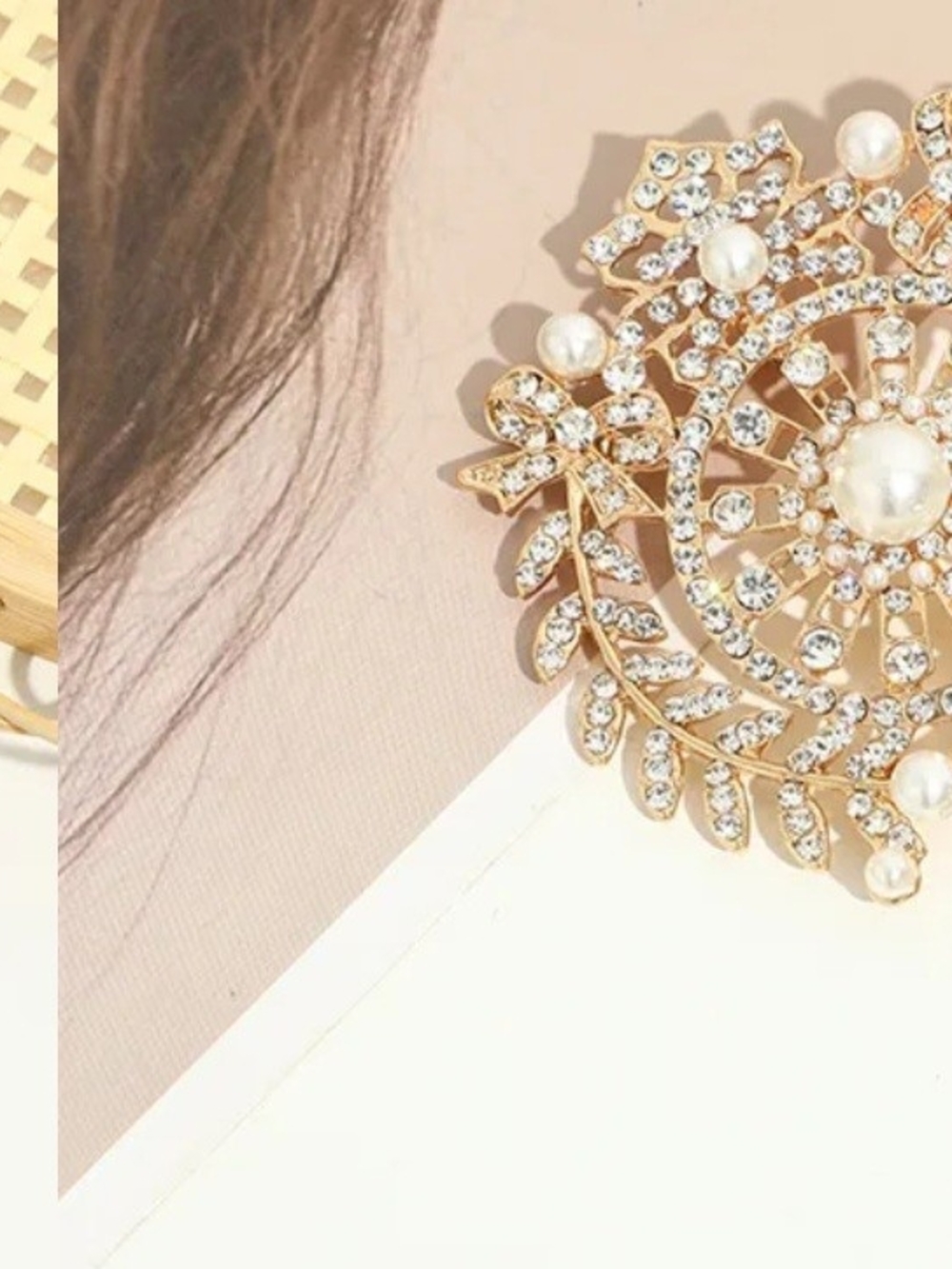 Elegant Gold Pearl & Crystal Floral Brooch - Women Jewelry